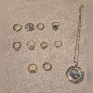 Vintage Costume Jewelry Lot Rings Abalone Shell Necklace Gold Silver Tone
